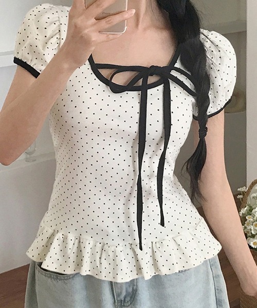 WESTSEA(ウエストシー)の「フロントリボン ドット柄トップス 裾フリル付(Tシャツ/カットソー・レディース・チャコール/オフホワイト/ブラック・M/L)」の13枚目の写真