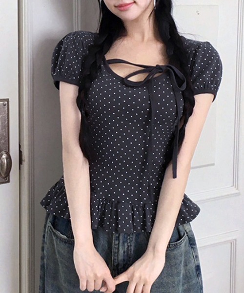 セール】フロントリボン ドット柄トップス 裾フリル付（Tシャツ