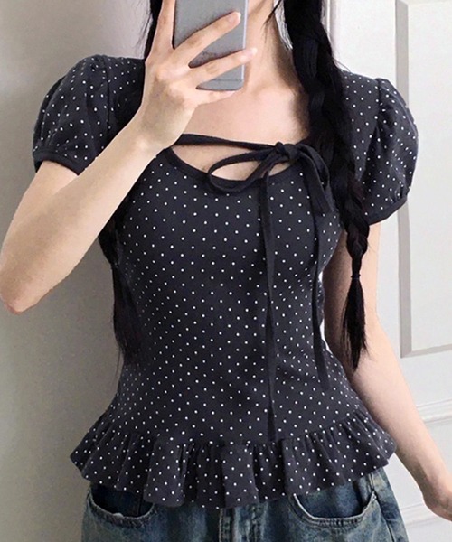 セール】フロントリボン ドット柄トップス 裾フリル付（Tシャツ