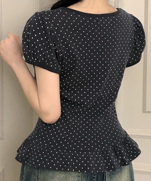 madder vintage フリルカラーフロントリボンドットトップス フロントリボン ドット柄トップス 裾フリル付（Tシャツ