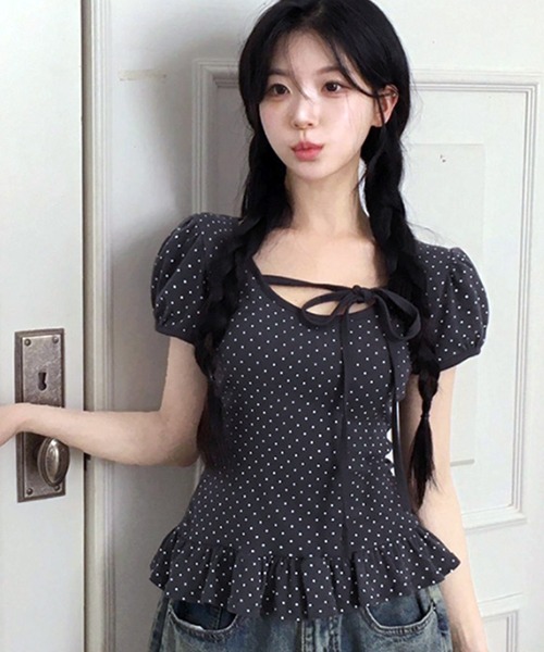 セール】フロントリボン ドット柄トップス 裾フリル付（Tシャツ