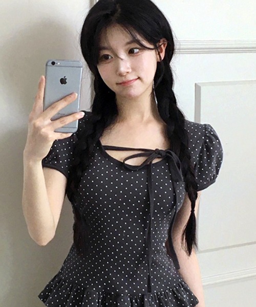 WESTSEA(ウエストシー)の「フロントリボン ドット柄トップス 裾フリル付(Tシャツ/カットソー・レディース・チャコール/オフホワイト/ブラック・M/L)」の16枚目の写真