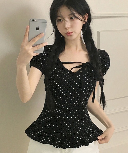 WESTSEA(ウエストシー)の「フロントリボン ドット柄トップス 裾フリル付(Tシャツ/カットソー・レディース・チャコール/オフホワイト/ブラック・M/L)」の7枚目の写真
