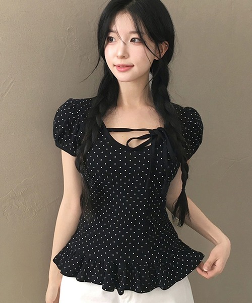 WESTSEA(ウエストシー)の「フロントリボン ドット柄トップス 裾フリル付(Tシャツ/カットソー・レディース・チャコール/オフホワイト/ブラック・M/L)」の5枚目の写真