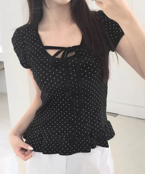 フロントリボン ドット柄トップス 裾フリル付（Tシャツ