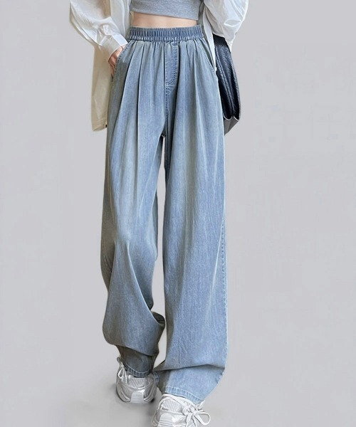 Miniministore(ミニミニストア)の「美脚デニム風ワイドパンツタック入りパンツ(デニムパンツ・レディース・ブラック/サックスブルー/アイボリー・FREE)」の4枚目の写真
