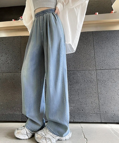 Miniministore(ミニミニストア)の「美脚デニム風ワイドパンツタック入りパンツ(デニムパンツ・レディース・ブラック/サックスブルー/アイボリー・FREE)」の5枚目の写真