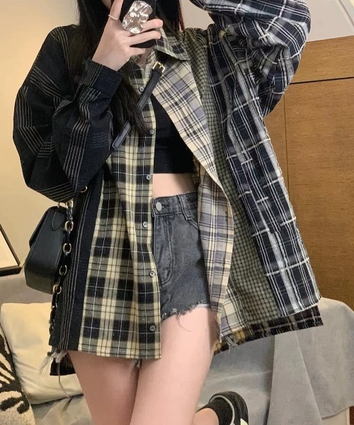 マルチ チェック シャツ ヴィンテージライク 韓国ファッション 韓国 マルチ チェック シャツ ヴィンテージライク 韓国ファッション 韓国