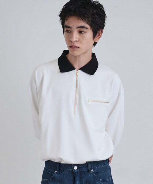 tk.TAKEO KIKUCHI(ティーケータケオキクチ)の「ポロ衿ハーフジップ(ポロシャツ・メンズ・ブラック/ホワイト/ブラウン系その他・02/03)」の1枚目の写真