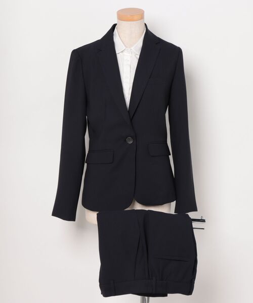 m.f.editorial（エムエフエディトリアル）の「【ストレッチ ウォッシャブル】m.f.エディトリアル レディース 1ボタン ジャケット + テーパード パンツ ビジネス セットアップ スーツ シャドーストライプ紺（スーツセット・レディース・ネイビー・S/MEDIUM/LARGE/X-LARGE）」の4枚目の写真