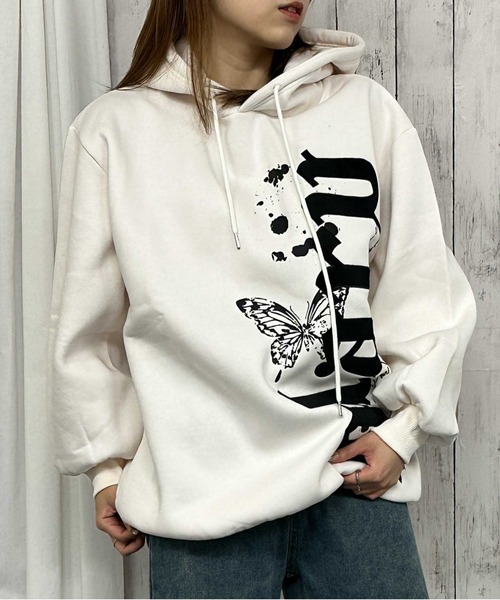 GORGE（ゴージ）の「《ベロアロゴ×バタフライ》レディース 裏起毛 パーカー ビッグシルエット ストリート 秋冬（パーカー・レディース・ボルドー/オフホワイト/ブラック・F）」の2枚目の写真
