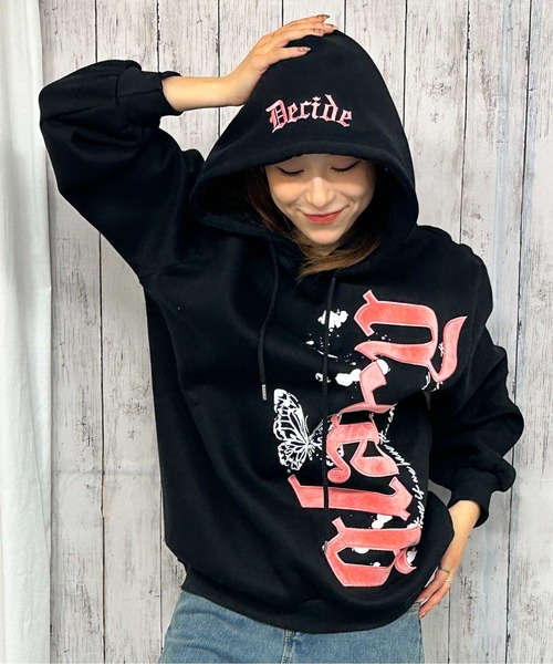 GORGE（ゴージ）の「《ベロアロゴ×バタフライ》レディース 裏起毛 パーカー ビッグシルエット ストリート 秋冬（パーカー・レディース・ボルドー/オフホワイト/ブラック・F）」の5枚目の写真