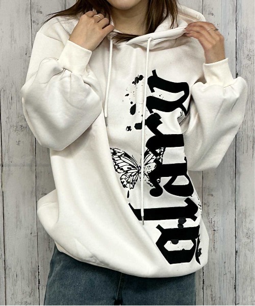 GORGE（ゴージ）の「《ベロアロゴ×バタフライ》レディース 裏起毛 パーカー ビッグシルエット ストリート 秋冬（パーカー・レディース・ボルドー/オフホワイト/ブラック・F）」の9枚目の写真