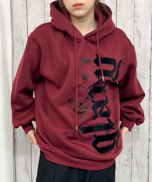 GORGE（ゴージ）の「《ベロアロゴ×バタフライ》レディース 裏起毛 パーカー ビッグシルエット ストリート 秋冬（パーカー・レディース・ボルドー/オフホワイト/ブラック・F）」の12枚目の写真