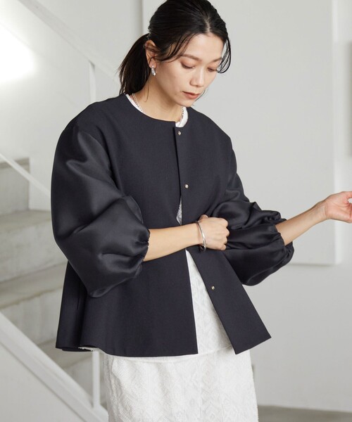 green label relaxing（グリーンレーベルリラクシング）の「［size SHORTあり］fleurie(フルリー) フォルム ジャケット（ノーカラージャケット・レディース・オフホワイト/ベージュ/ネイビー・FREE/SHORT）」の16枚目の写真