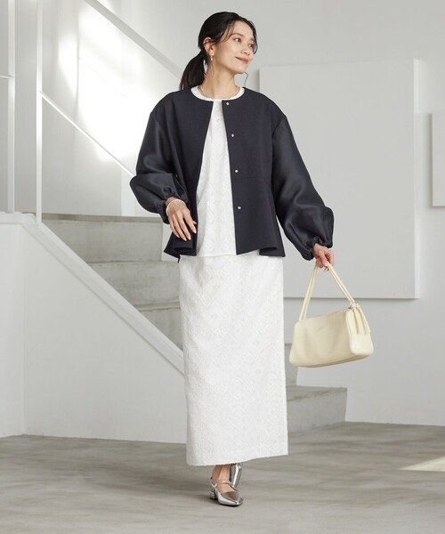 green label relaxing（グリーンレーベルリラクシング）の「［size SHORTあり］fleurie(フルリー) フォルム ジャケット（ノーカラージャケット・レディース・オフホワイト/ベージュ/ネイビー・SHORT/FREE）」の10枚目の写真