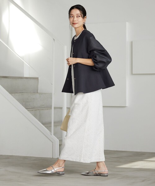 green label relaxing（グリーンレーベルリラクシング）の「［size SHORTあり］fleurie(フルリー) フォルム ジャケット（ノーカラージャケット・レディース・オフホワイト/ベージュ/ネイビー・SHORT/FREE）」の11枚目の写真