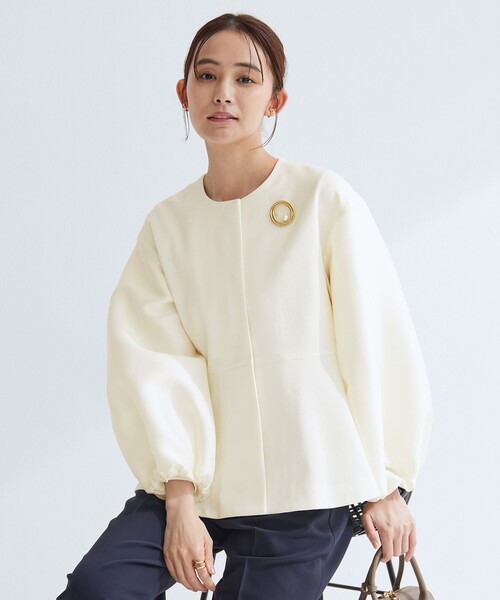 green label relaxing（グリーンレーベルリラクシング）の「［size SHORTあり］fleurie(フルリー) フォルム ジャケット（ノーカラージャケット・レディース・オフホワイト/ベージュ/ネイビー・SHORT/FREE）」の14枚目の写真