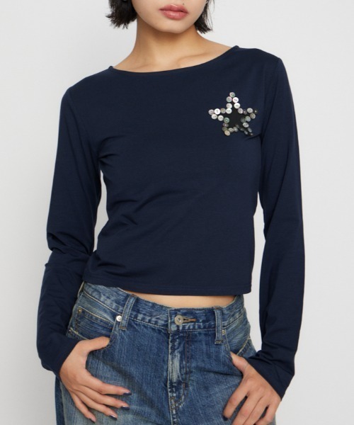 LAGUA GEM（ラグアジェム）の「SHELL LIKE BUTTON ロングスリーブＴシャツ（Tシャツ/カットソー・レディース・ネイビー/アイボリー/杢グレー・FREE）」の2枚目の写真