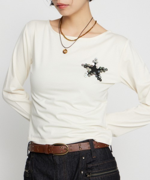 LAGUA GEM（ラグアジェム）の「SHELL LIKE BUTTON ロングスリーブＴシャツ（Tシャツ/カットソー・レディース・ネイビー/アイボリー/杢グレー・FREE）」の3枚目の写真