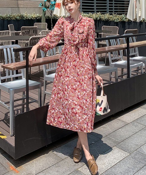 i-dare(アイディア)の「【i-dare】花柄 ボウタイ ワンピース(ワンピース・レディース・ピンク/ブラック・X-LARGE/MEDIUM/LARGE)」の1枚目の写真