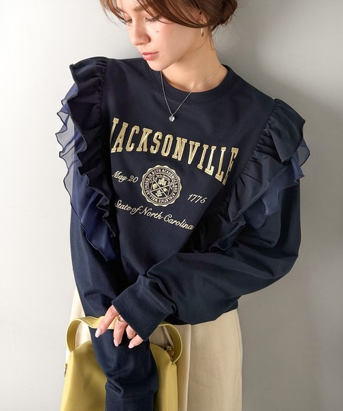 mily bilet(ミウィビレット)の「【mily bilet】チュールとフリルで甘く着る。ダブルフリルカレッジロゴ刺繍スウェット(スウェット・レディース・チャコール/ベージュ/オートミール/ネイビー・SMALL/MEDIUM/LARGE/X-LARGE)」の16枚目の写真