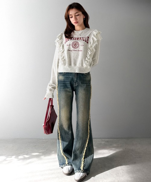 mily bilet(ミウィビレット)の「【mily bilet】チュールとフリルで甘く着る。ダブルフリルカレッジロゴ刺繍スウェット(スウェット・レディース・チャコール/ベージュ/オートミール/ネイビー・SMALL/MEDIUM/LARGE/X-LARGE)」の22枚目の写真