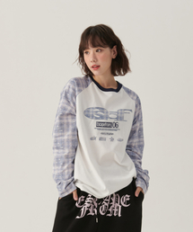 ESCAPEFROM（エスケープフロム）の「ESCFロゴコラージュ＆ロゴプレイチェックフルプリントロングスリーブブルー（Tシャツ/カットソー）」