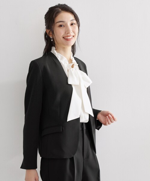 THE SHOP TK （ザ ショップ ティーケー ）の「【通勤・セレモニー】ダブルクロス ノーカラージャケット/セットアップ可（ノーカラージャケット・レディース・ブラック/ベージュ/ネイビー・12/14/13/11）」の6枚目の写真