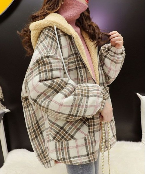 フード付きチェック柄ボアジャケット
