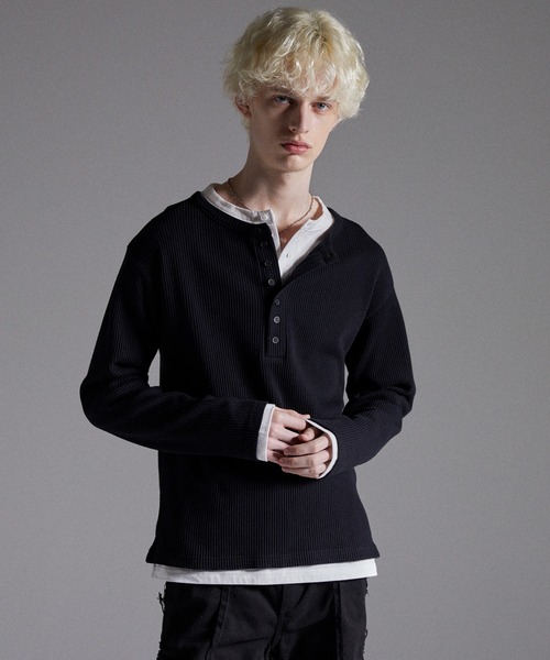 GRANCY（グランシー）の「【GRANCY】Double-layered Thermal Henley Long Sleeve T-Shirt / ダブルレイヤードサーマルヘンリーロンT（Tシャツ/カットソー・メンズ・グレー/ブラック・L/M/S）」の6枚目の写真