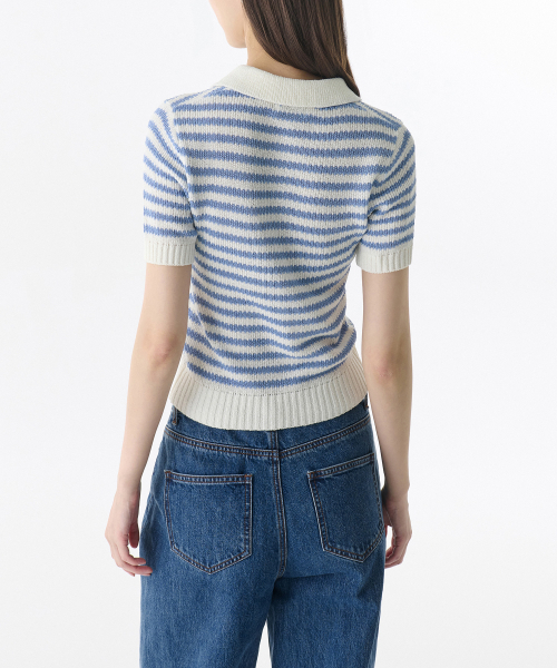 MUSINSA STANDARD WOMAN（ムシンサスタンダードウーマン）の「ウィメンズストライプニットポロシャツ[アイボリー/スカイブルー]（ニット/セーター・レディース・その他・SMALL/X-SMALL/MEDIUM/LARGE）」の2枚目の写真