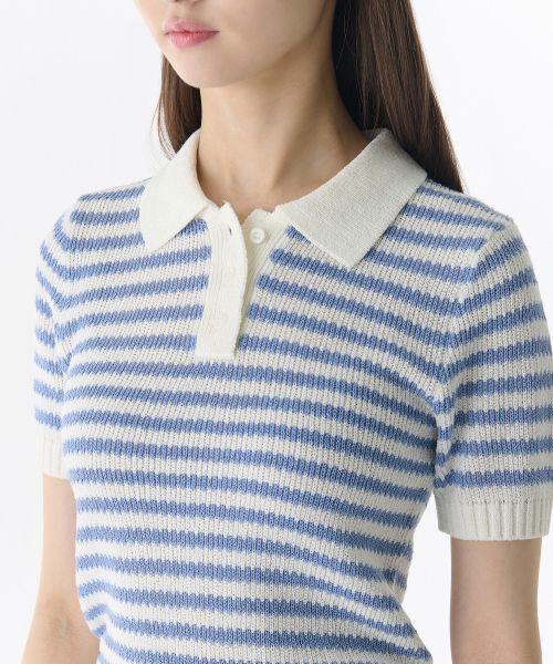 MUSINSA STANDARD WOMAN（ムシンサスタンダードウーマン）の「ウィメンズストライプニットポロシャツ[アイボリー/スカイブルー]（ニット/セーター・レディース・その他・SMALL/X-SMALL/MEDIUM/LARGE）」の3枚目の写真