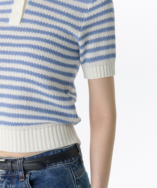 MUSINSA STANDARD WOMAN（ムシンサスタンダードウーマン）の「ウィメンズストライプニットポロシャツ[アイボリー/スカイブルー]（ニット/セーター・レディース・その他・SMALL/X-SMALL/MEDIUM/LARGE）」の4枚目の写真