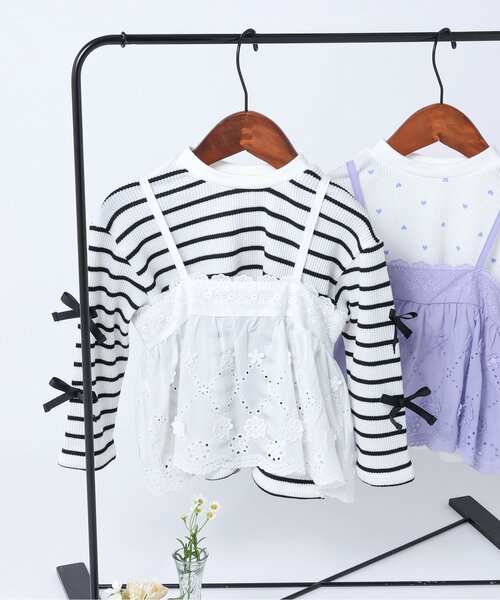 apres les cours（アプレレクール）の「レースビスチェ・リボンワッフルトップスセット（Tシャツ/カットソー・キッズ・その他2/ラベンダー・80/90/100/110/120/130/140）」の2枚目の写真
