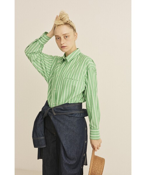 Rouge vif（ルージュヴィフ）の「胸ポケットコットンルーズフィットストライプシャツ/春服/大人カジュアル/手洗い可能（シャツ/ブラウス・レディース・グリーン/チャコールグレー・フリー）」の5枚目の写真
