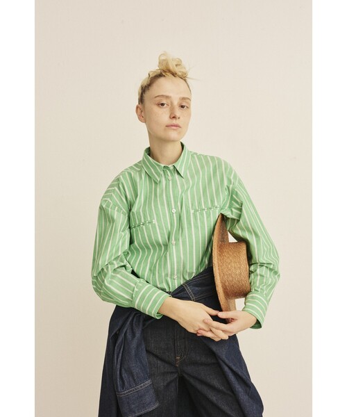 Rouge vif（ルージュヴィフ）の「胸ポケットコットンルーズフィットストライプシャツ/春服/大人カジュアル/手洗い可能（シャツ/ブラウス・レディース・グリーン/チャコールグレー・フリー）」の7枚目の写真