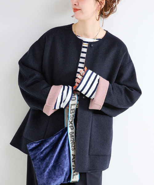 B.C STOCK(ベーセーストック)の「《追加2》S120ブレンドショート丈リバーシブルコート(ノーカラーコート・レディース・ダークブルー/ライトグレー・FREE)」の2枚目の写真