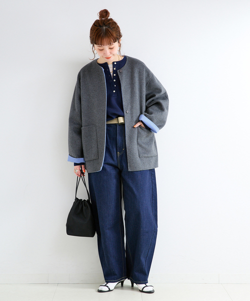 B.C STOCK(ベーセーストック)の「《追加2》S120ブレンドショート丈リバーシブルコート(ノーカラーコート・レディース・ダークブルー/ライトグレー・FREE)」の3枚目の写真