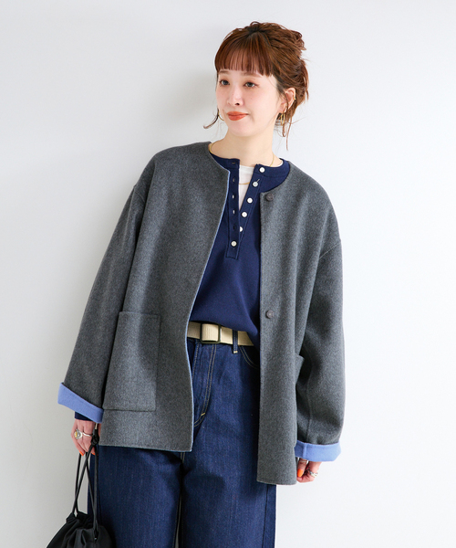 B.C STOCK(ベーセーストック)の「《追加2》S120ブレンドショート丈リバーシブルコート(ノーカラーコート・レディース・ダークブルー/ライトグレー・FREE)」の7枚目の写真