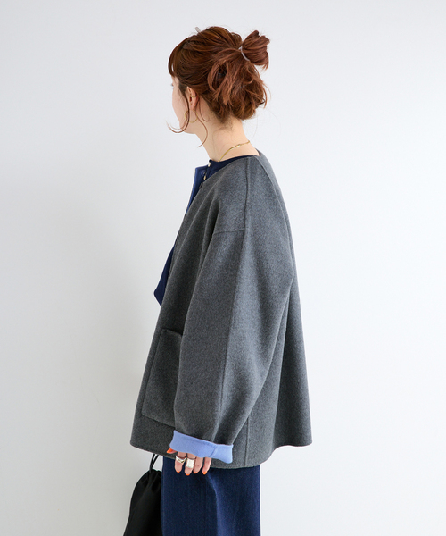 B.C STOCK(ベーセーストック)の「《追加2》S120ブレンドショート丈リバーシブルコート(ノーカラーコート・レディース・ダークブルー/ライトグレー・FREE)」の8枚目の写真