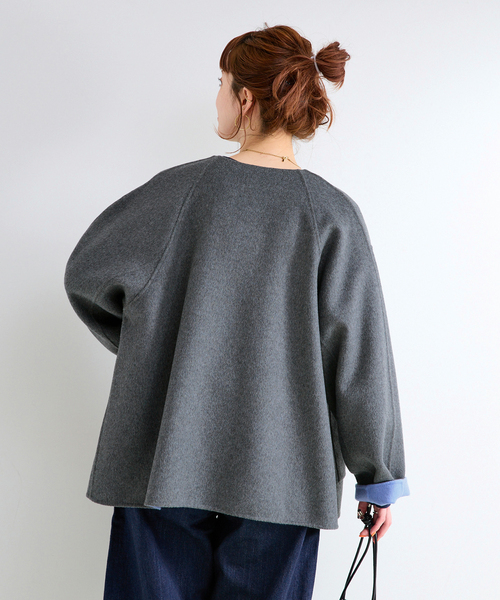 B.C STOCK(ベーセーストック)の「《追加2》S120ブレンドショート丈リバーシブルコート(ノーカラーコート・レディース・ダークブルー/ライトグレー・FREE)」の9枚目の写真