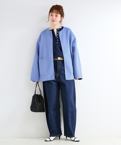 B.C STOCK(ベーセーストック)の「《追加2》S120ブレンドショート丈リバーシブルコート(ノーカラーコート・レディース・ダークブルー/ライトグレー・FREE)」の10枚目の写真