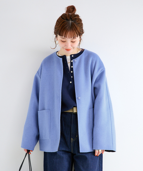 B.C STOCK(ベーセーストック)の「《追加2》S120ブレンドショート丈リバーシブルコート(ノーカラーコート・レディース・ダークブルー/ライトグレー・FREE)」の13枚目の写真