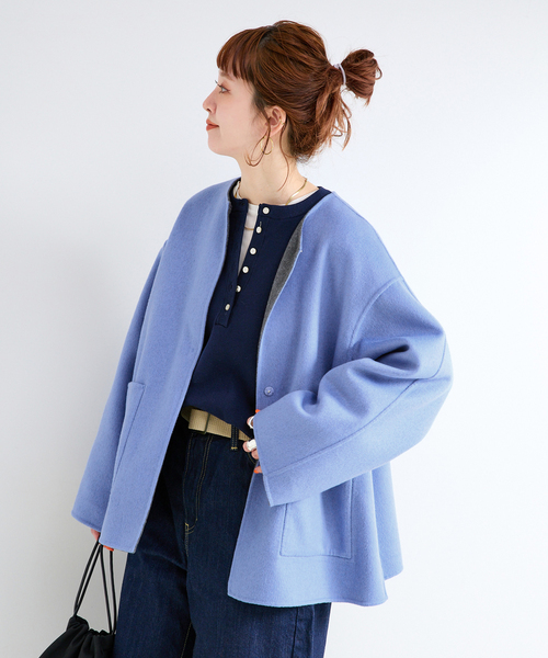 B.C STOCK(ベーセーストック)の「《追加2》S120ブレンドショート丈リバーシブルコート(ノーカラーコート・レディース・ダークブルー/ライトグレー・FREE)」の14枚目の写真