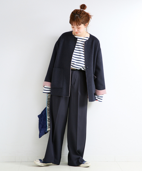 B.C STOCK(ベーセーストック)の「《追加2》S120ブレンドショート丈リバーシブルコート(ノーカラーコート・レディース・ダークブルー/ライトグレー・FREE)」の16枚目の写真