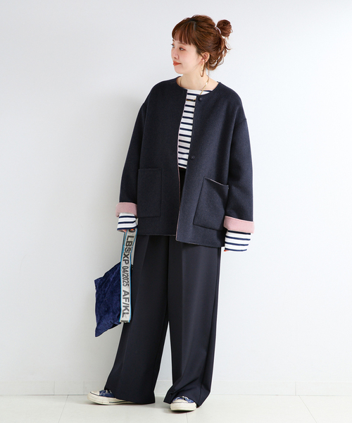 B.C STOCK(ベーセーストック)の「《追加2》S120ブレンドショート丈リバーシブルコート(ノーカラーコート・レディース・ダークブルー/ライトグレー・FREE)」の17枚目の写真