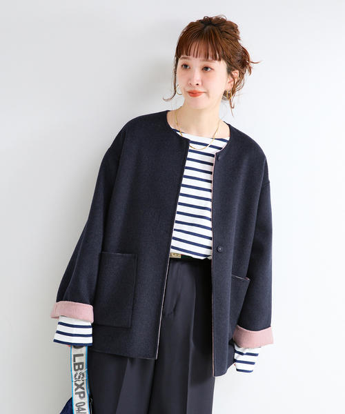 B.C STOCK(ベーセーストック)の「《追加2》S120ブレンドショート丈リバーシブルコート(ノーカラーコート・レディース・ダークブルー/ライトグレー・FREE)」の20枚目の写真