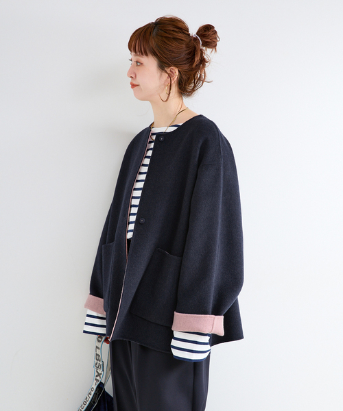 B.C STOCK(ベーセーストック)の「《追加2》S120ブレンドショート丈リバーシブルコート(ノーカラーコート・レディース・ダークブルー/ライトグレー・FREE)」の21枚目の写真