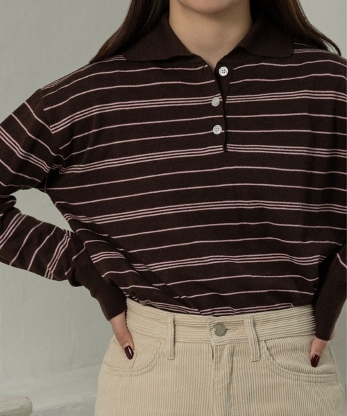lawgy(ラウジー)の「random border polo like over knit / ランダムボーダーポロライクオーバーニット(ニット/セーター・レディース・ホワイト/ブラウン/グレー・FREE)」の3枚目の写真